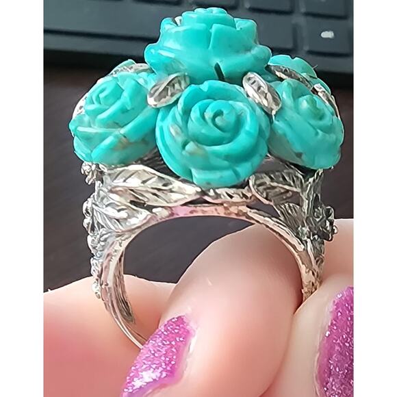 Handcrafted Sterling Silver Turquoise Rose Statement Ring - (US Size 9.5) - Picture 5 of 8